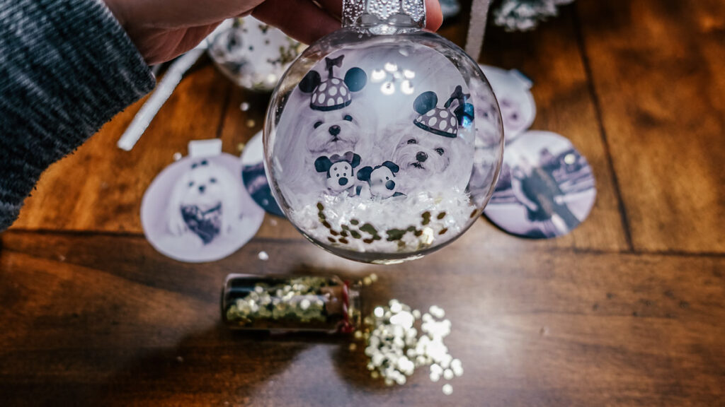 clear ornament with photo of two Maltese inside and glitter