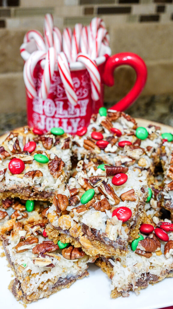 Santa's magic bars sitting on a white plate