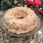 veggie rice ring on a glass dish