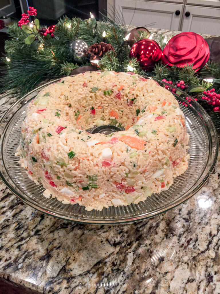 veggie rice ring on a glass dish